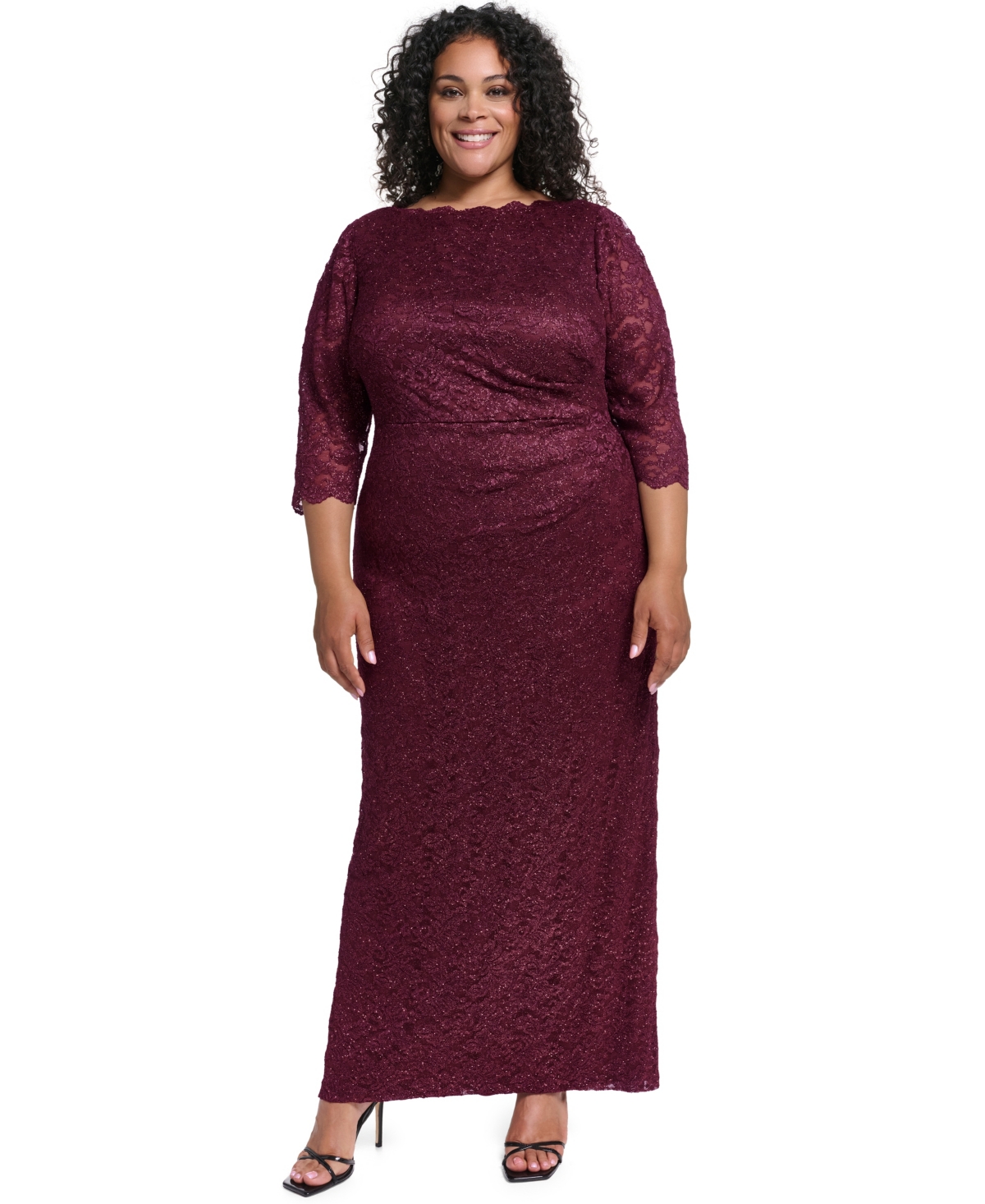 Jessica Howard Plus Size 3/4-Sleeve Side Tuck Lace Gown - Wine