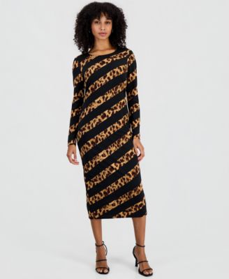 Women's Leopard-Print Long-Sleeve Midi Dress