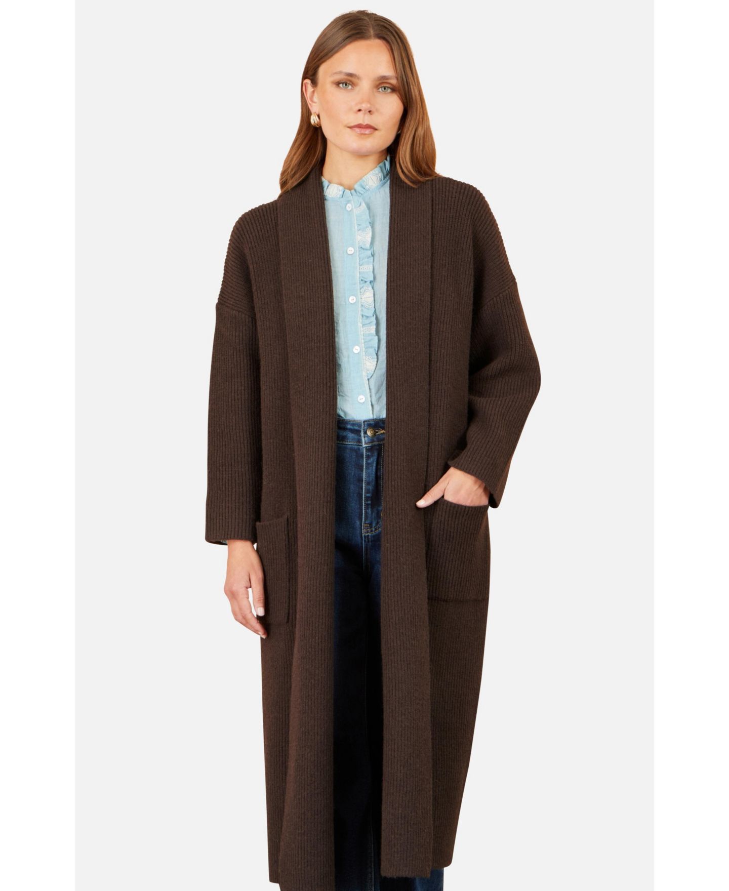 Женский кардиган Yumi Long Sleeve Knitted Maxi, цвет: Коричневый — фото 4