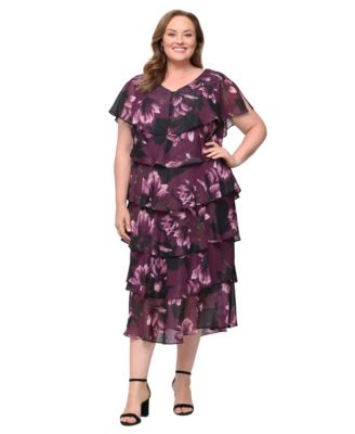 Plus Size Floral-Print Tiered V-Neck Dress
