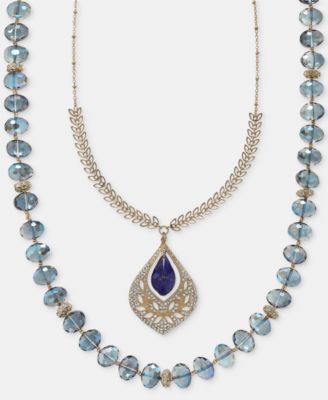 Crystal Stone Two Row Pendant Necklace, 23" & 32" + 3" extender