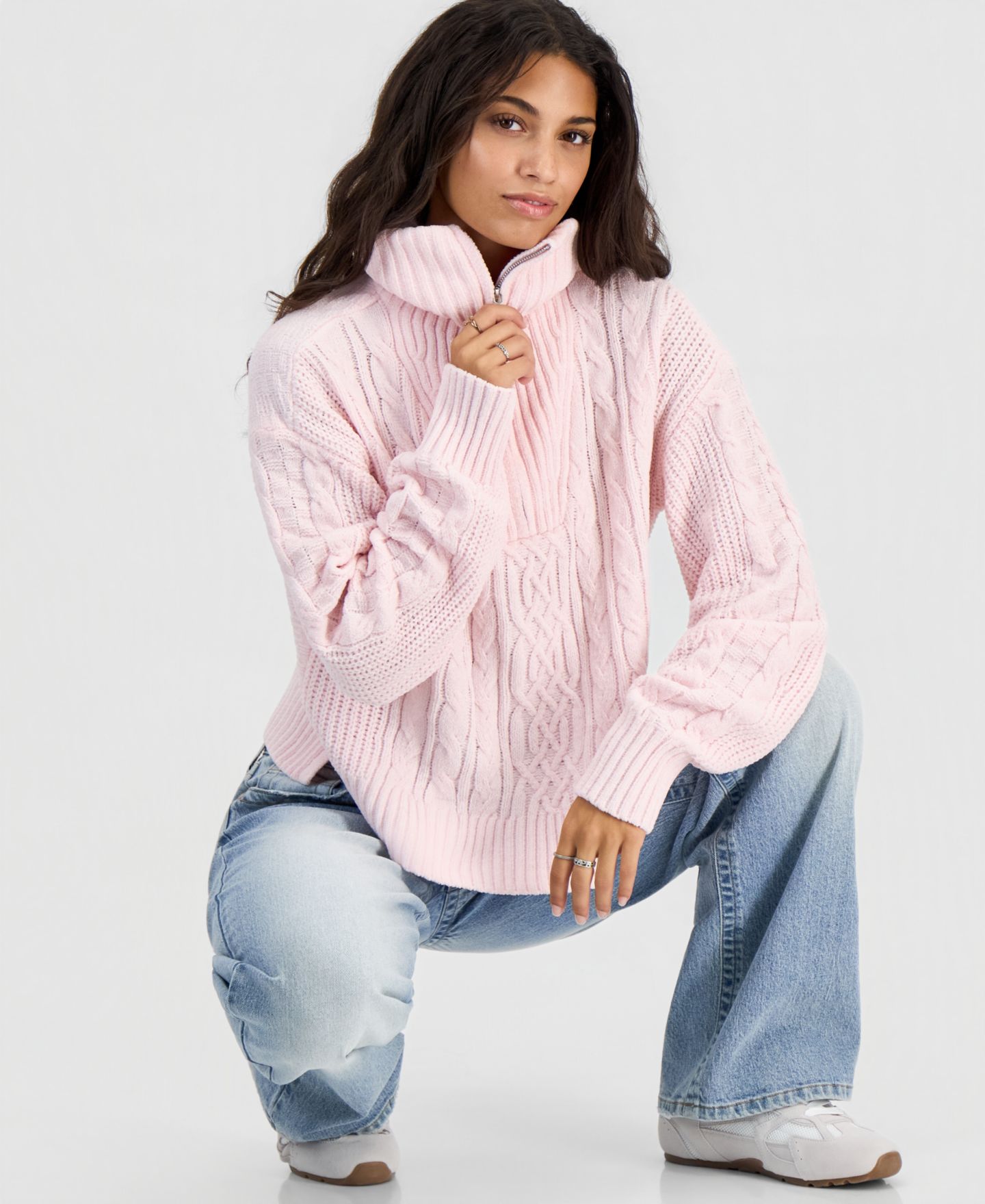 Женский свитер Hippie Rose Juniors' Chenille Cable-Knit Quarter-Zip Long-Sleeve, цвет: Ballet Slipper — фото 2