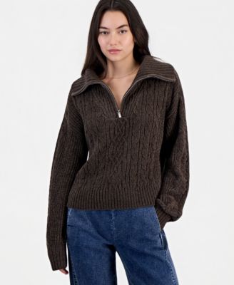 Juniors' Chenille Cable-Knit Quarter-Zip Long-Sleeve Sweater