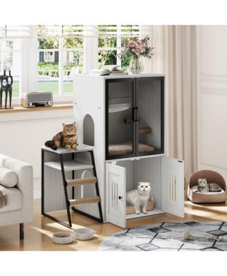 Double Cat Litter Box Enclosure with Hammock, Sisal Scratching Post, Movable Ladder and Metal Mesh Door Hidden Cat Washroom