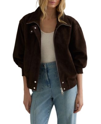 Petite Cara Funnel-Neck Ribbed-Hem Bomber Jacket
