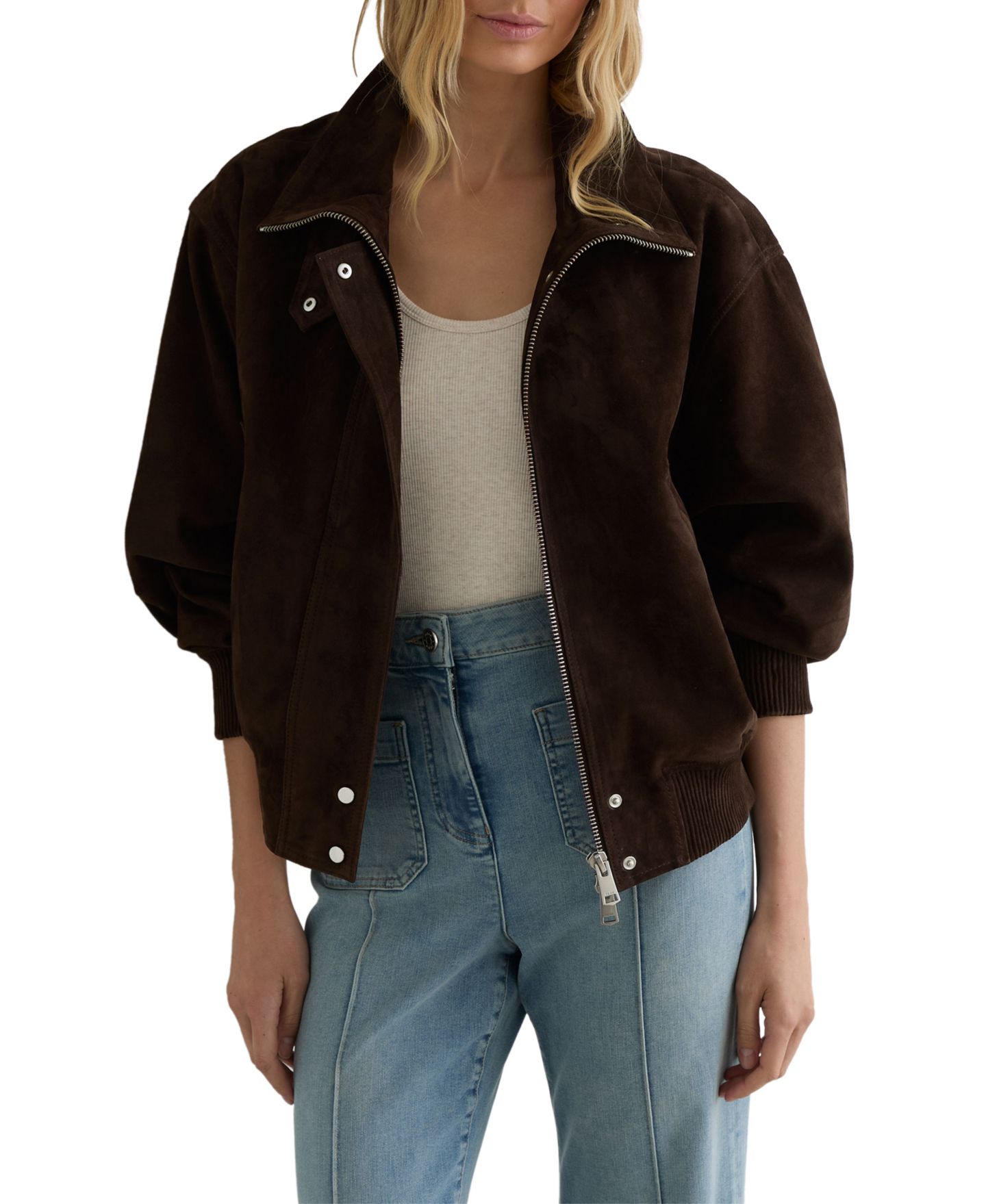 Женская куртка REISS Petite Cara Funnel-Neck Ribbed-Hem Bomber, цвет: Шоколадный — фото 1