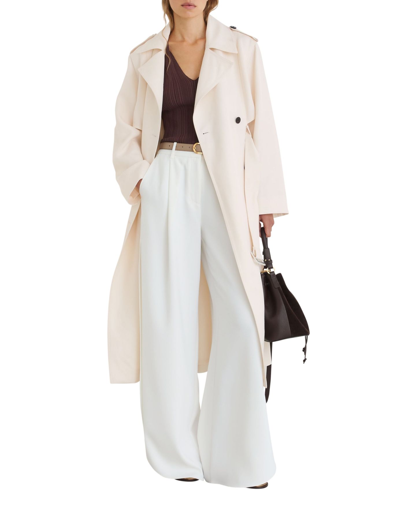 Женское пальто REISS Charli Linen-Blend Double-Breasted Trench, цвет: Слоновая кость — фото 1