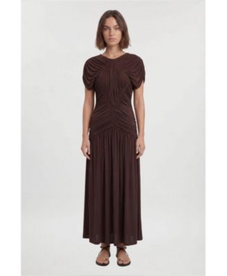 Women's Short-Sleeve Open Back Ruched Jersey Maxi Dress