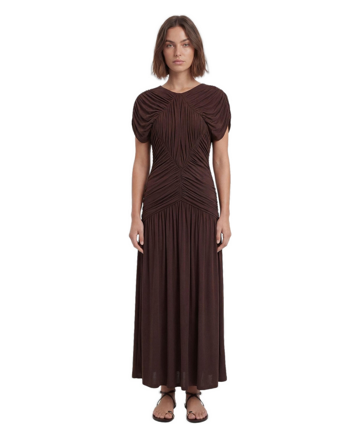 Karen Millen Women's Short-Sleeve Open Back Ruched Jersey Maxi Dress - Chocolate