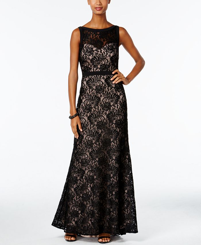 Nightway Illusion Sequined Lace Train Gown - Macy's