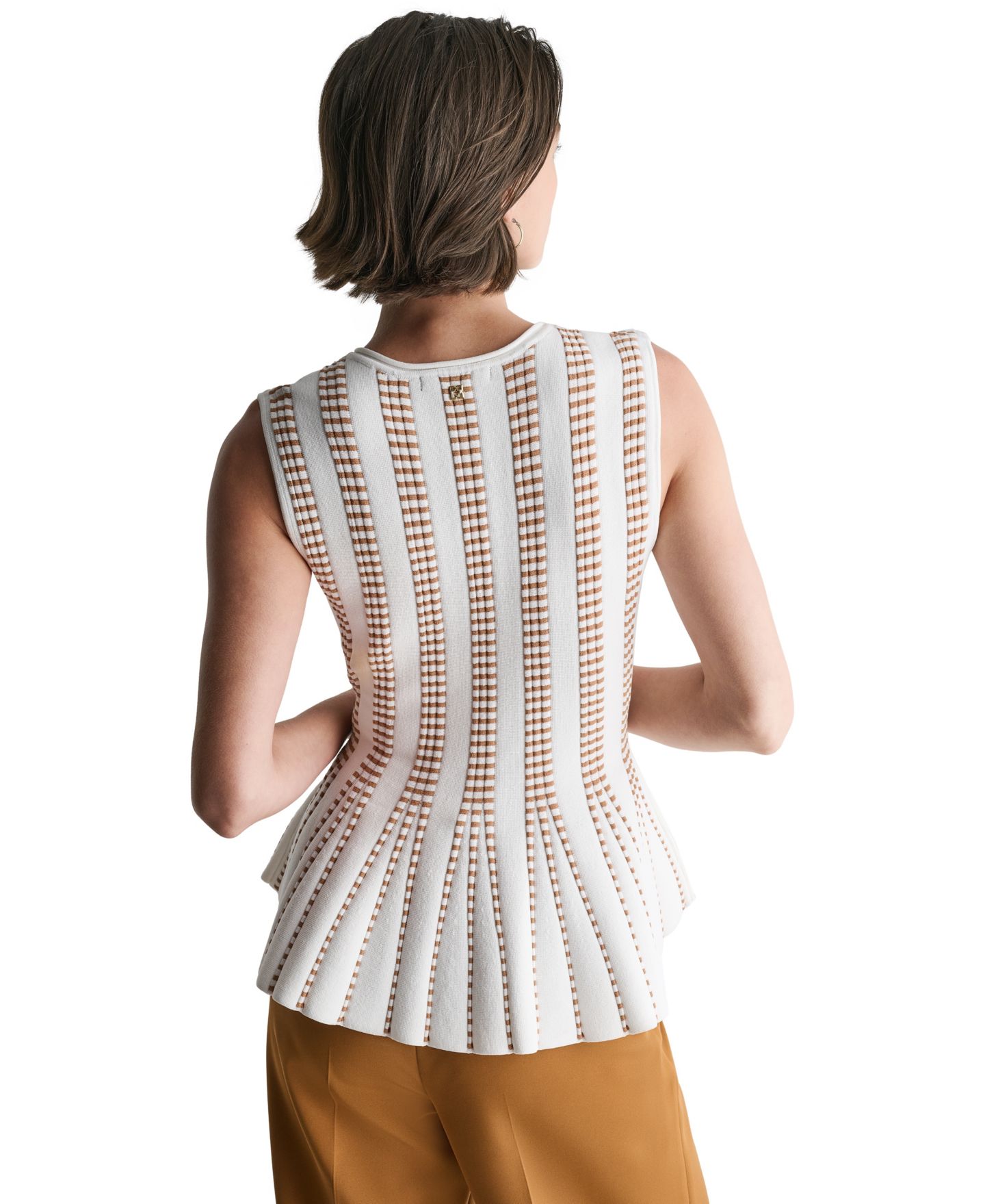 Женский топ BCBG Striped Peplum Knit V-Neck, цвет: Белый / Карамельный — фото 5