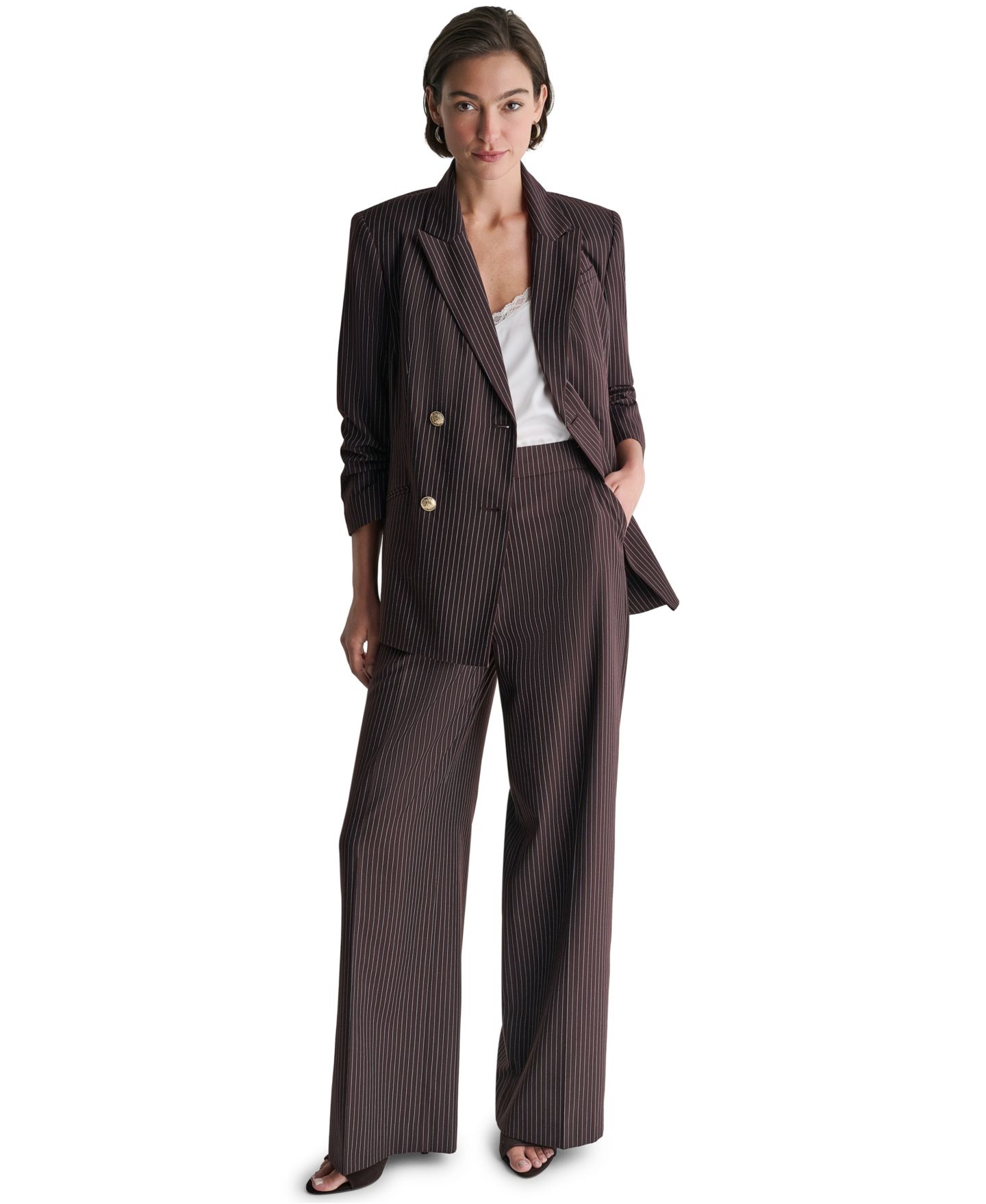 Женский пиджак BCBG Double-Breasted Pinstripe Blazer, цвет: Трюфельный чёрный — фото 2