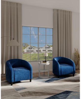 Set of 2 Navy Blue Barrel Accent Chairs with Curved Armrests, Velvet Upholstered, Wood Legs
