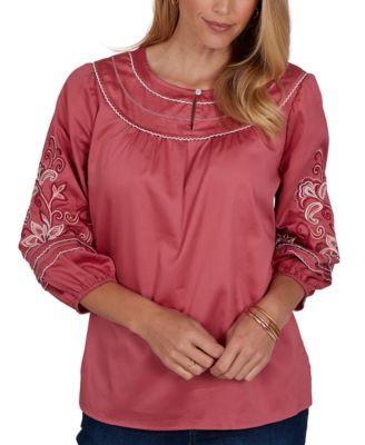 Petite Embroidered 3/4-Sleeve Voile Blouse