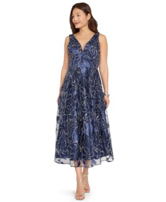 Women's Floral Metallic Soutache A-Line Midi Dress