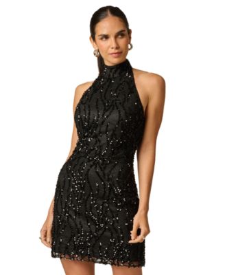 Women's Halter-Neck Lace Sequins Open-Back Dress