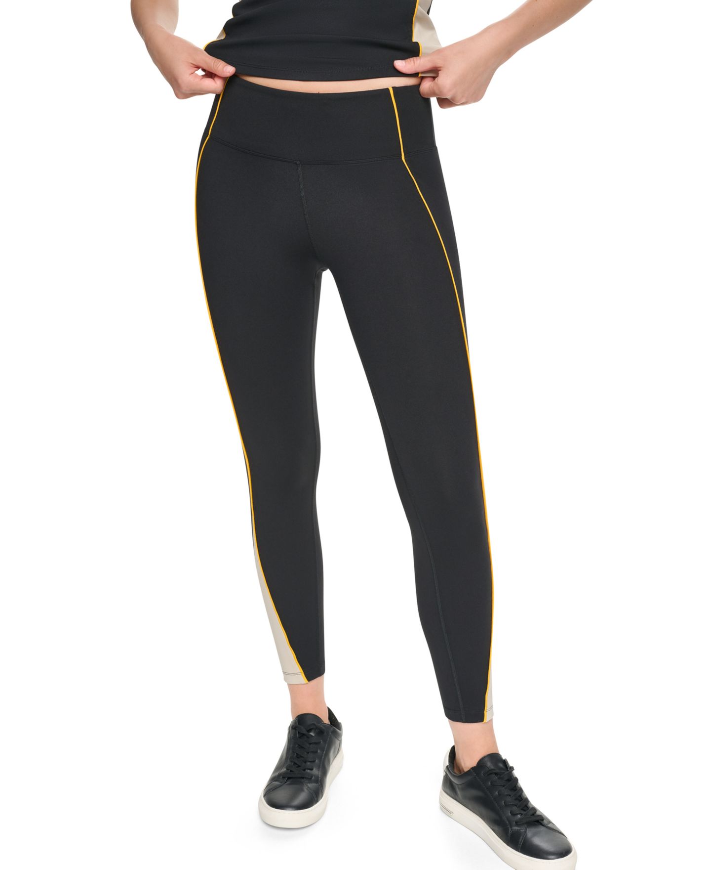 Женские леггинсы DKNY Sport 7/8 колор-блок с высокой талией, цвет: Чёрный / Галечный — фото 1