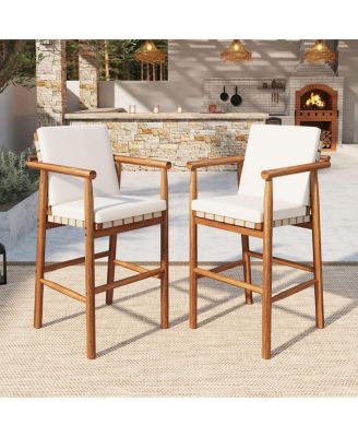 Outdoor Acacia Wood Counter Height Bar Stools with Cushions, Set of 2