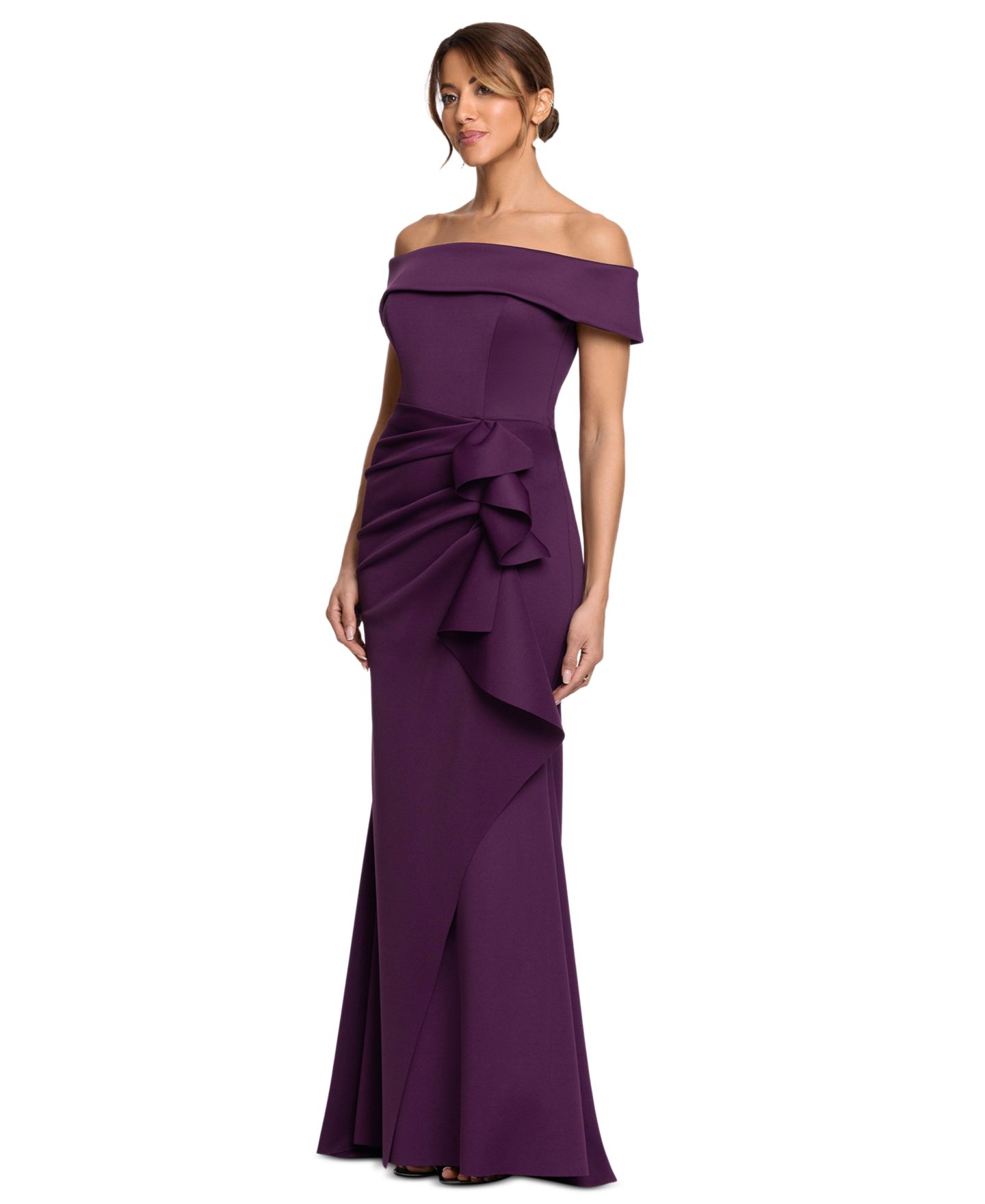 Женские платья XSCAPE Off-the-Shoulder Scuba Side-Ruffle Gown, цвет: Сливовый — фото 2
