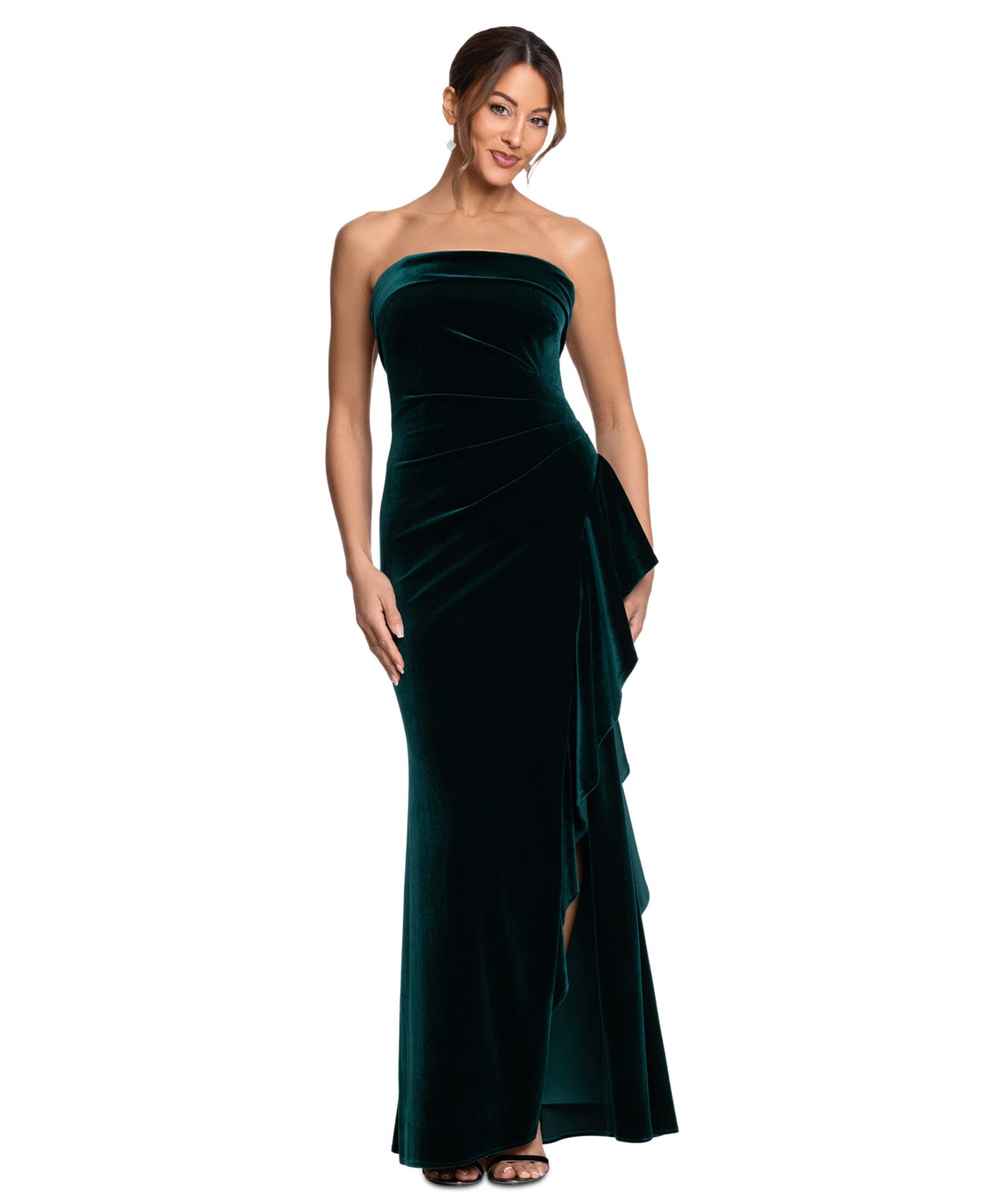 Женские платья XSCAPE Strapless Ruched Velvet Gown, цвет: Тёмно-зелёный — фото 1