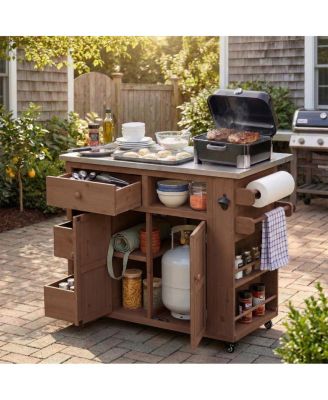 Outdoor Extendable Wood Kitchen Island With Stainless Steel Top