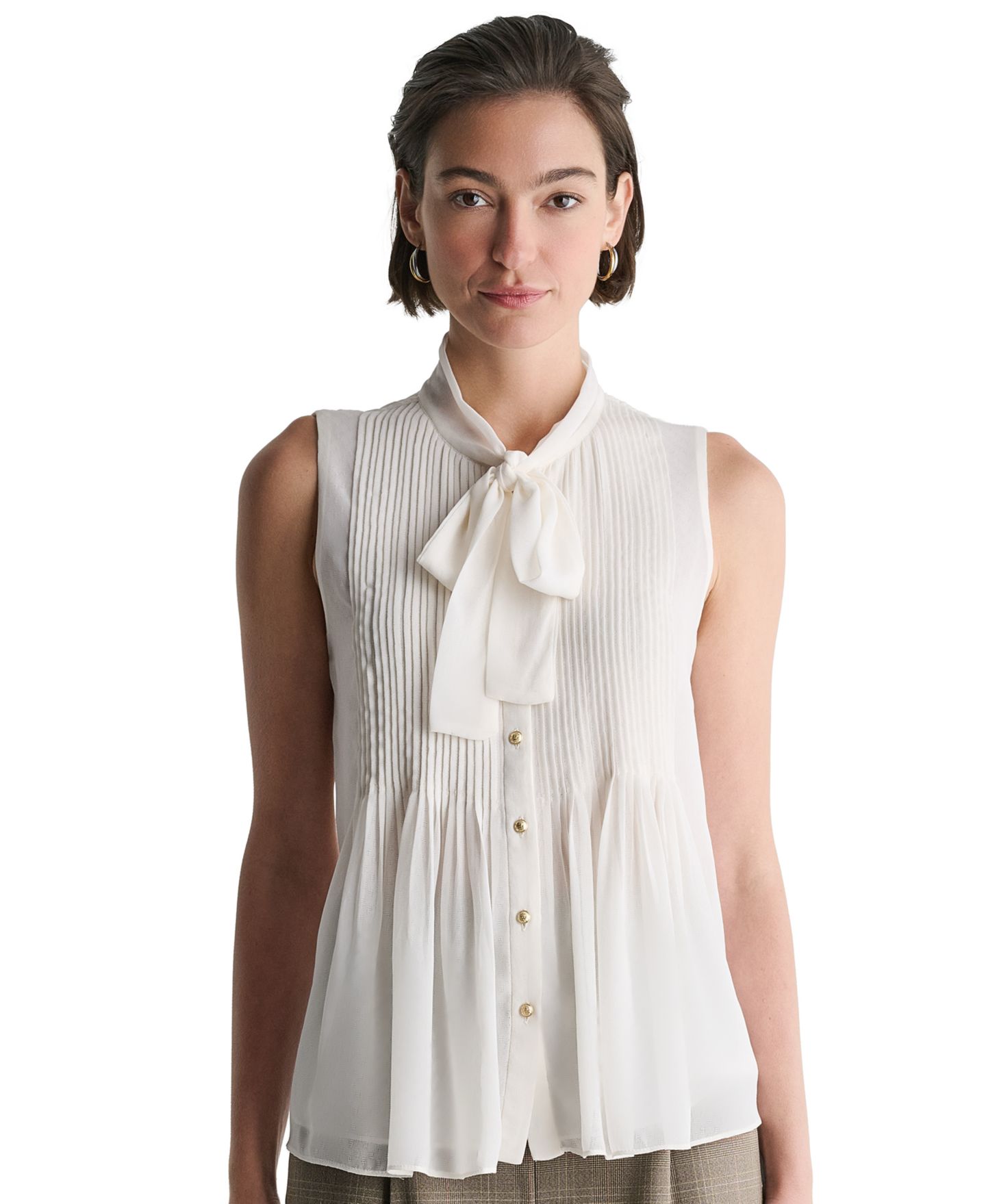 Женская блузка BCBG Sleeveless Tie-Neck Button-Front, цвет: Белый — фото 3