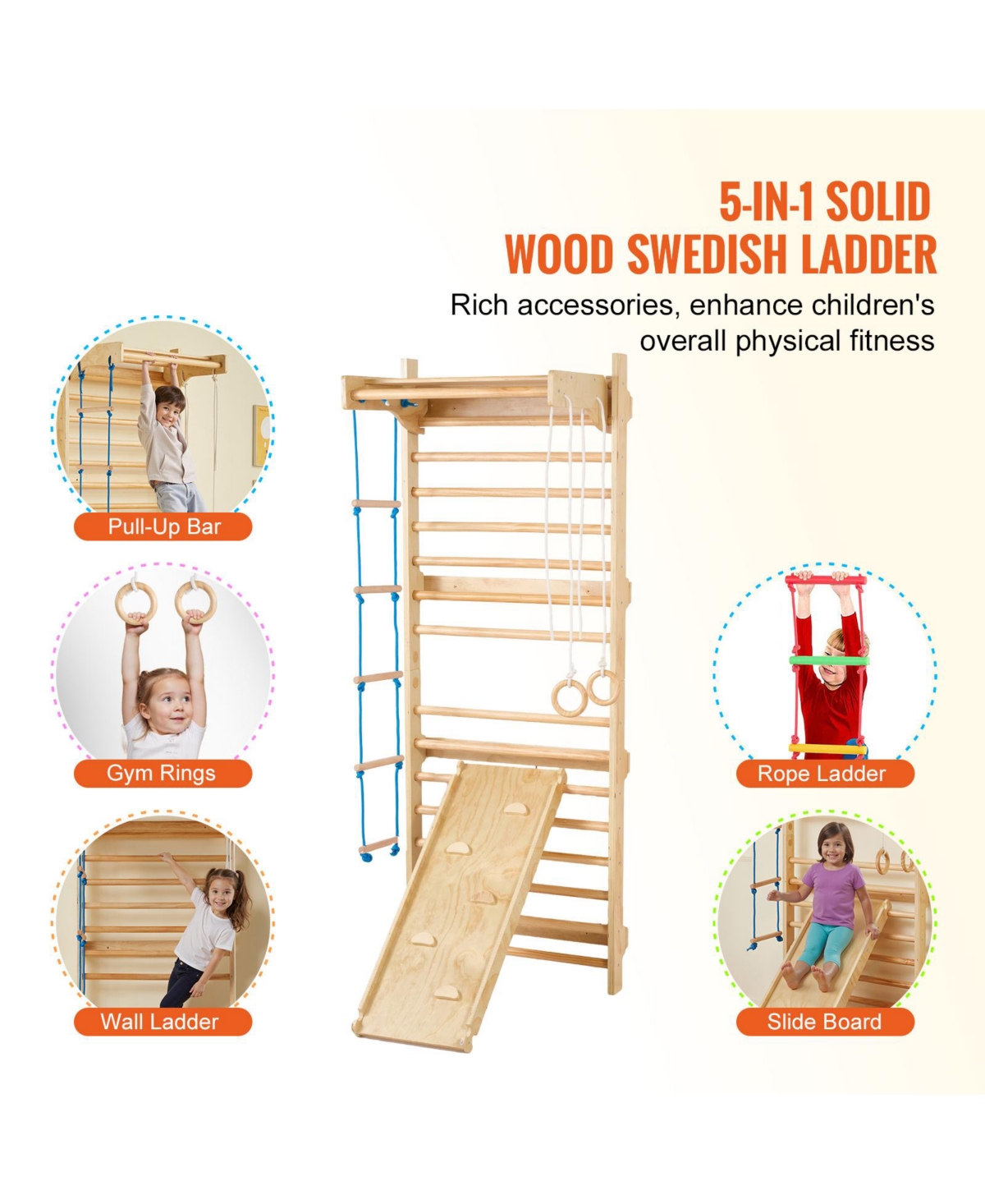 Vevor Swedish Ladder Wall Gym 5 in 1 Wooden Indoor Playground Climbing Toys
