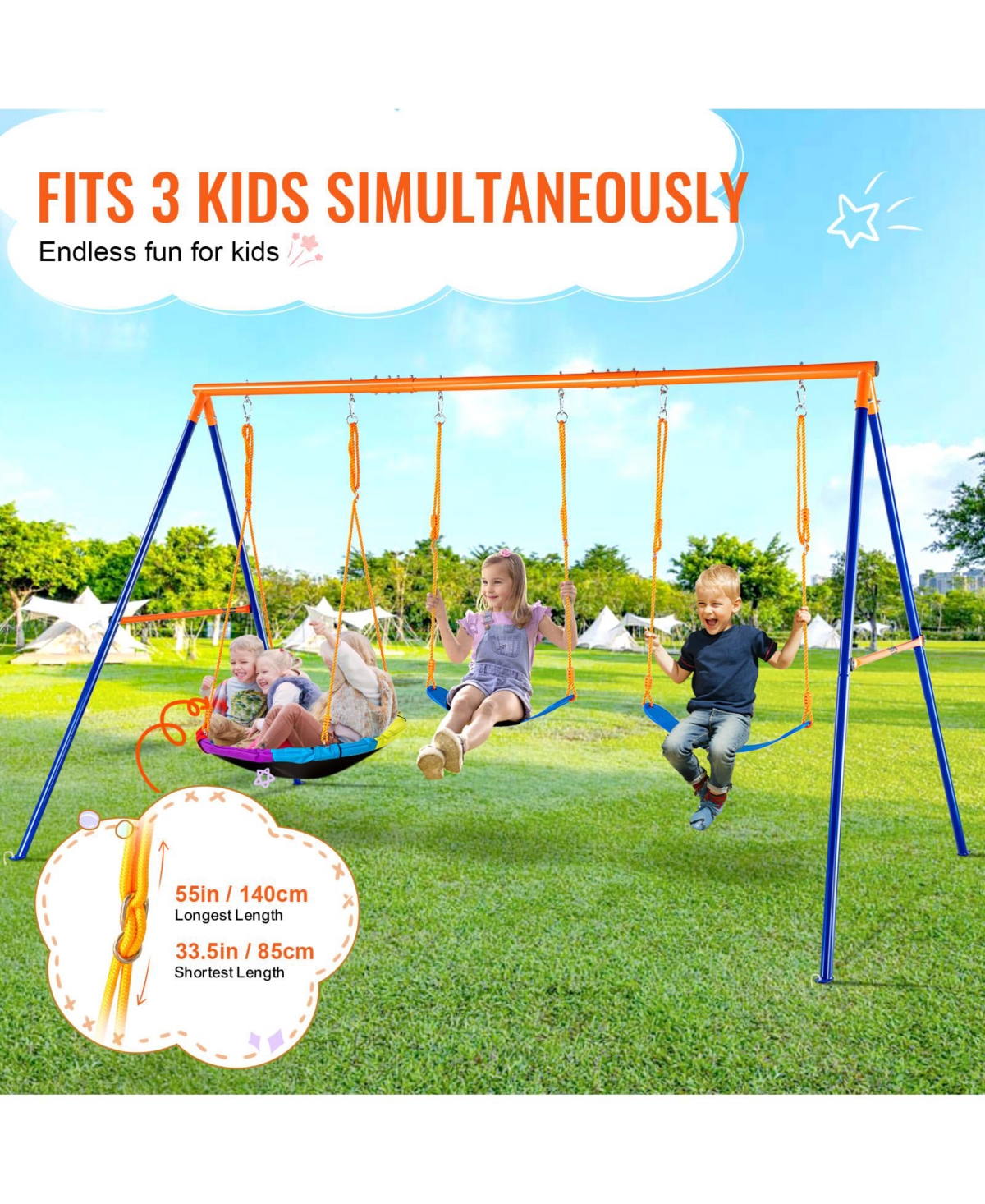 Vevor Swing Sets for Backyard 1 Saucer 2 Belt Swing Seats A-Frame Metal Stand