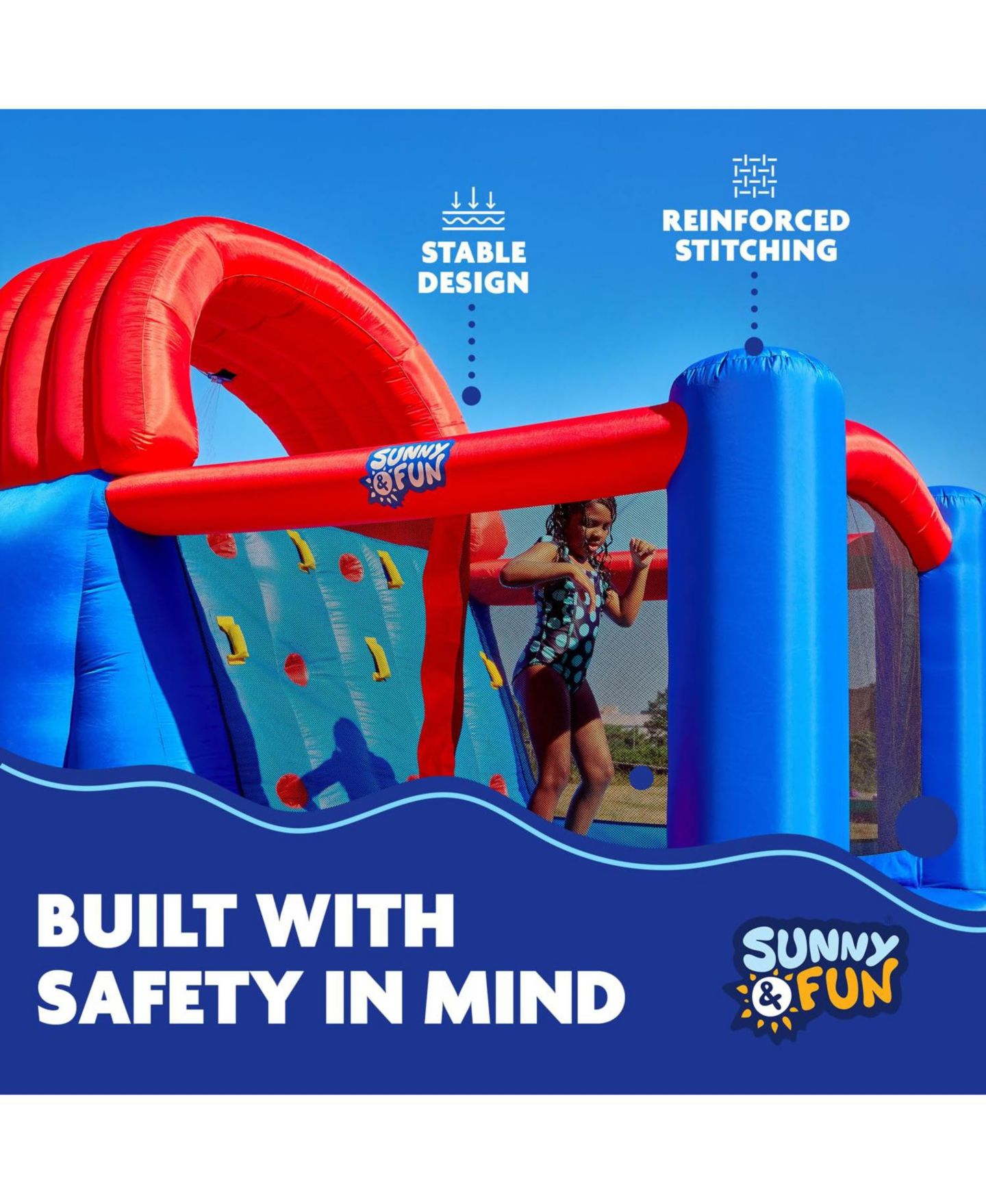 Детские игрушки Sunny & Fun Ultra All-Play Nylon Inflatable Bounce House with Dual Racing Slides, Approx. 276"L x 193.2"W x 108"H, Ages 3+, цвет: Синий — фото 5