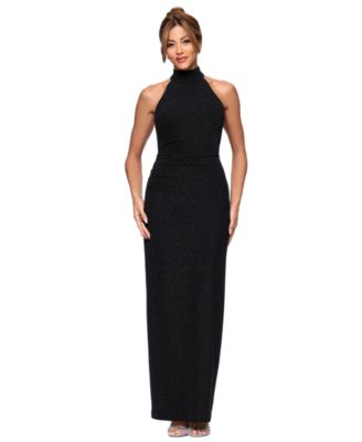 Petite Mock Neck Metallic-Knit Sheath Gown