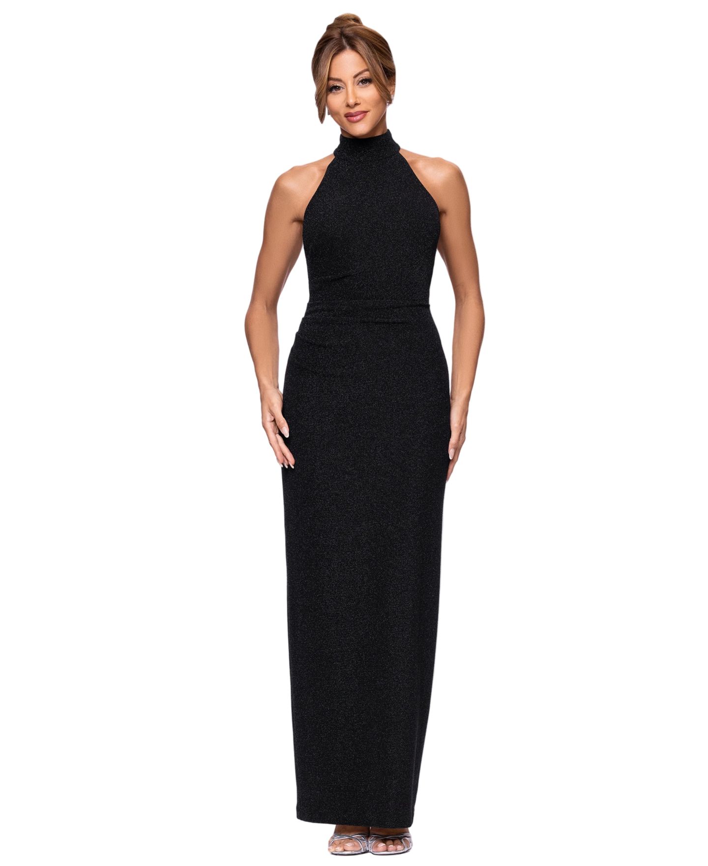 Женское платье XSCAPE Petite Mock Neck Metallic-Knit Sheath Gown, цвет: Чёрный — фото 1