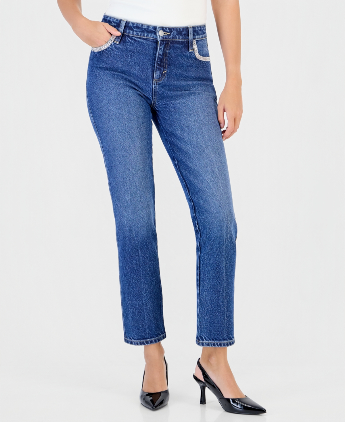 I.n.c. International Concepts Petite High-Rise Straight-Leg Embroidered-Pocket Jeans, Macy's Exclusive