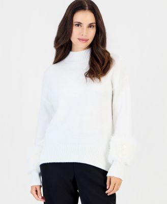 Petite Mock Neck Long-Sleeve Faux Fur-Trim Sweater