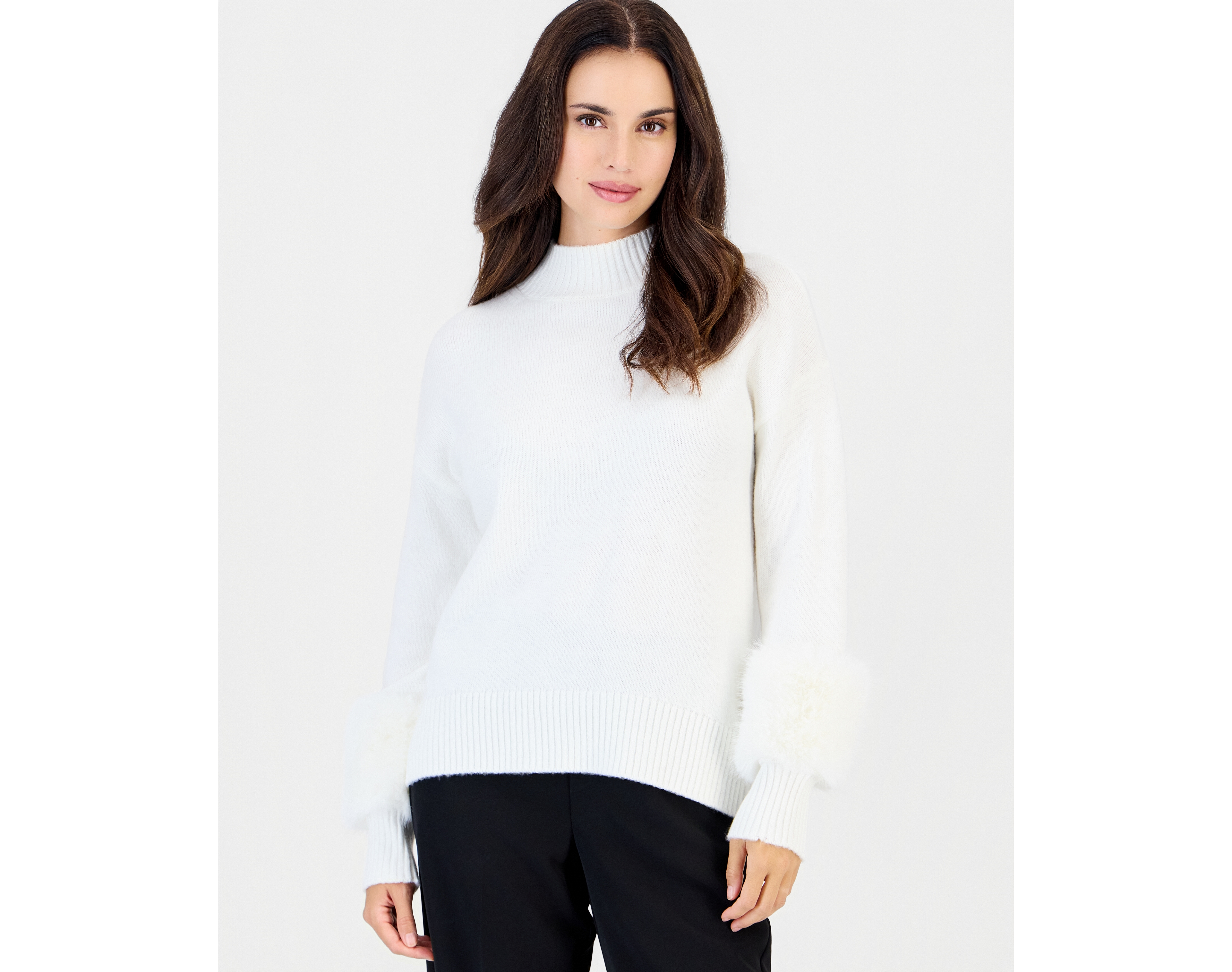 I.n.c. International Concepts Petite Mock Neck Long-Sleeve Faux Fur-Trim Sweater, Macy's Exclusive