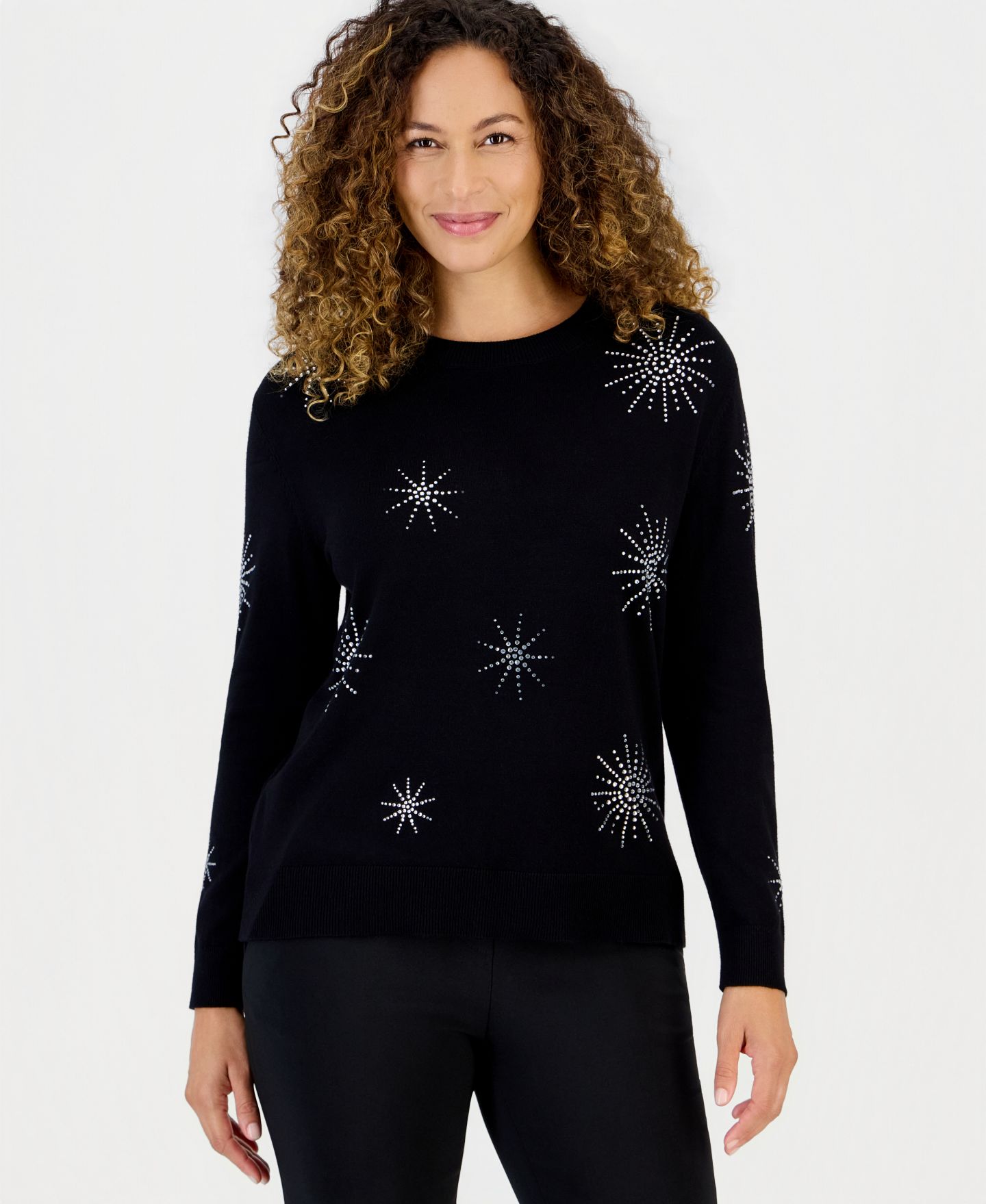 Женский свитер Anne Klein Essentials Petite Starburst Embellished Long-Sleeve, цвет: Чёрный — фото 1