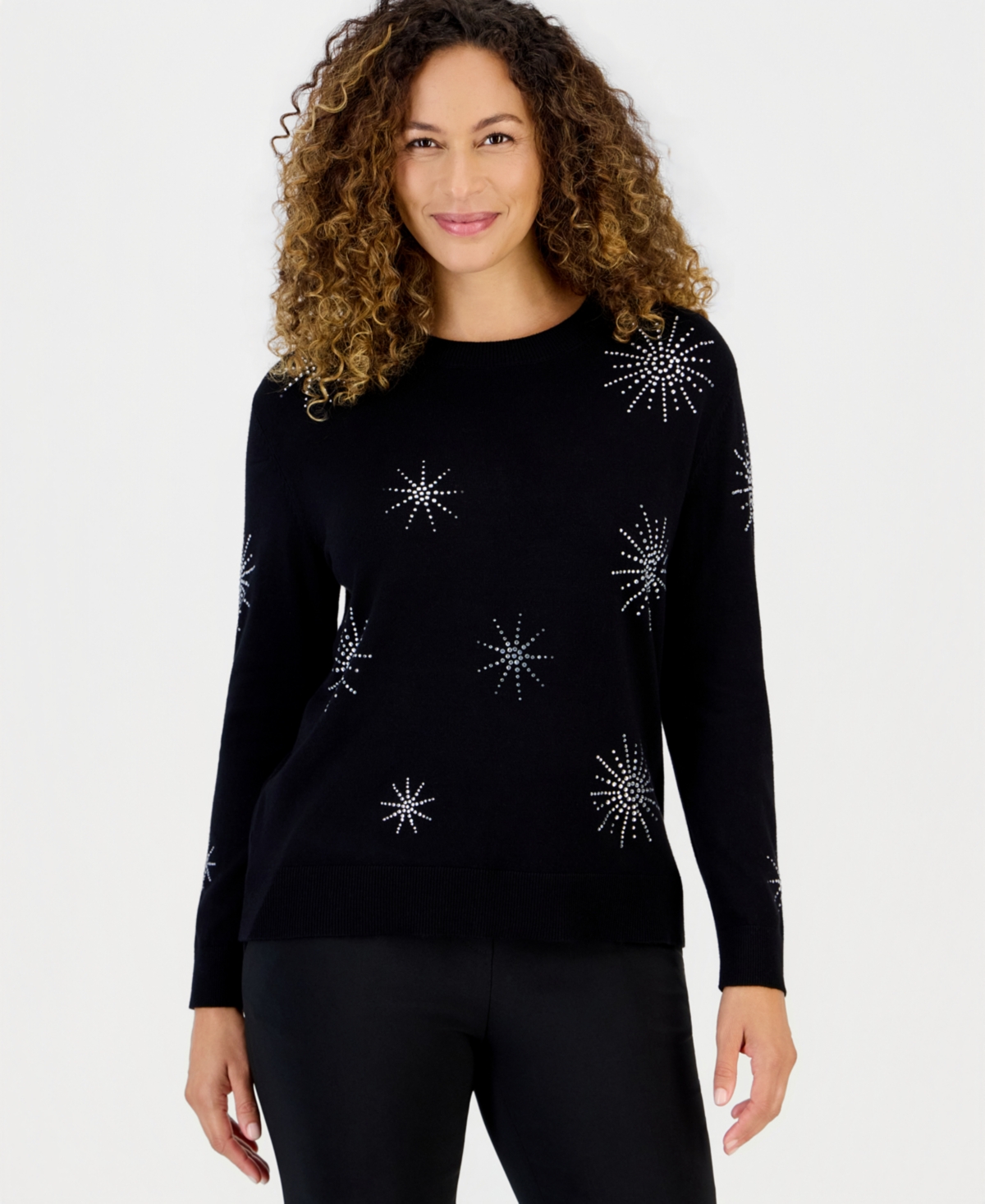 Anne Klein Essentials Petite Starburst Embellished Long-Sleeve Sweater