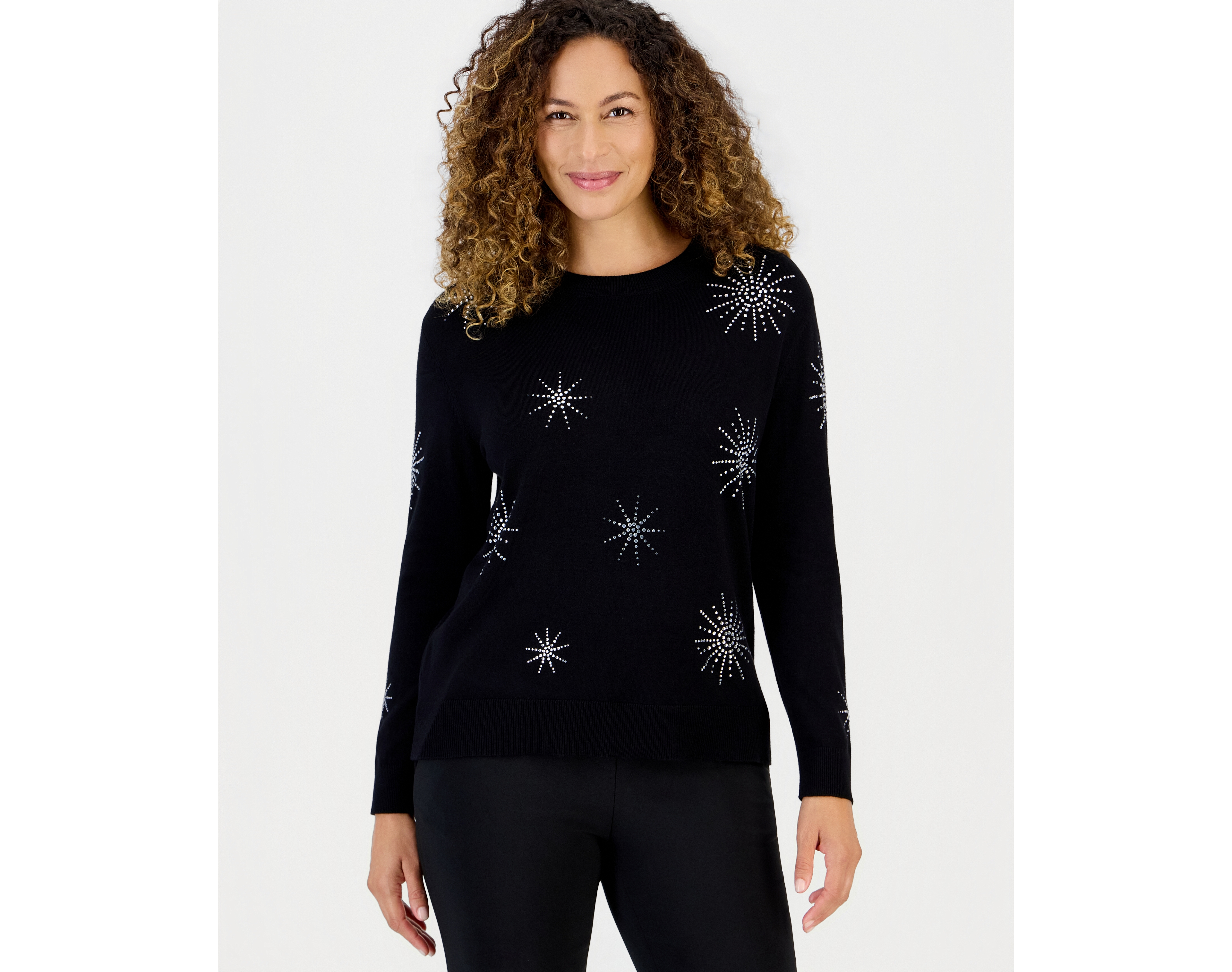 Anne Klein Essentials Petite Starburst Embellished Long-Sleeve Sweater