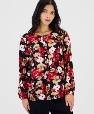 Petite Long-Sleeve Floral-Print Crewneck Blouse