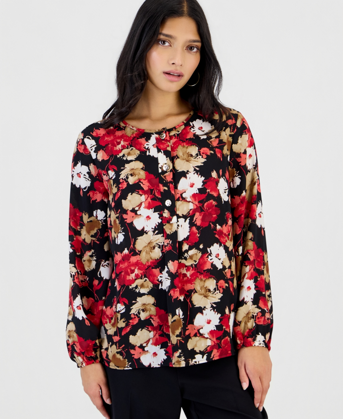 Anne Klein Essentials Petite Long-Sleeve Floral-Print Crewneck Blouse