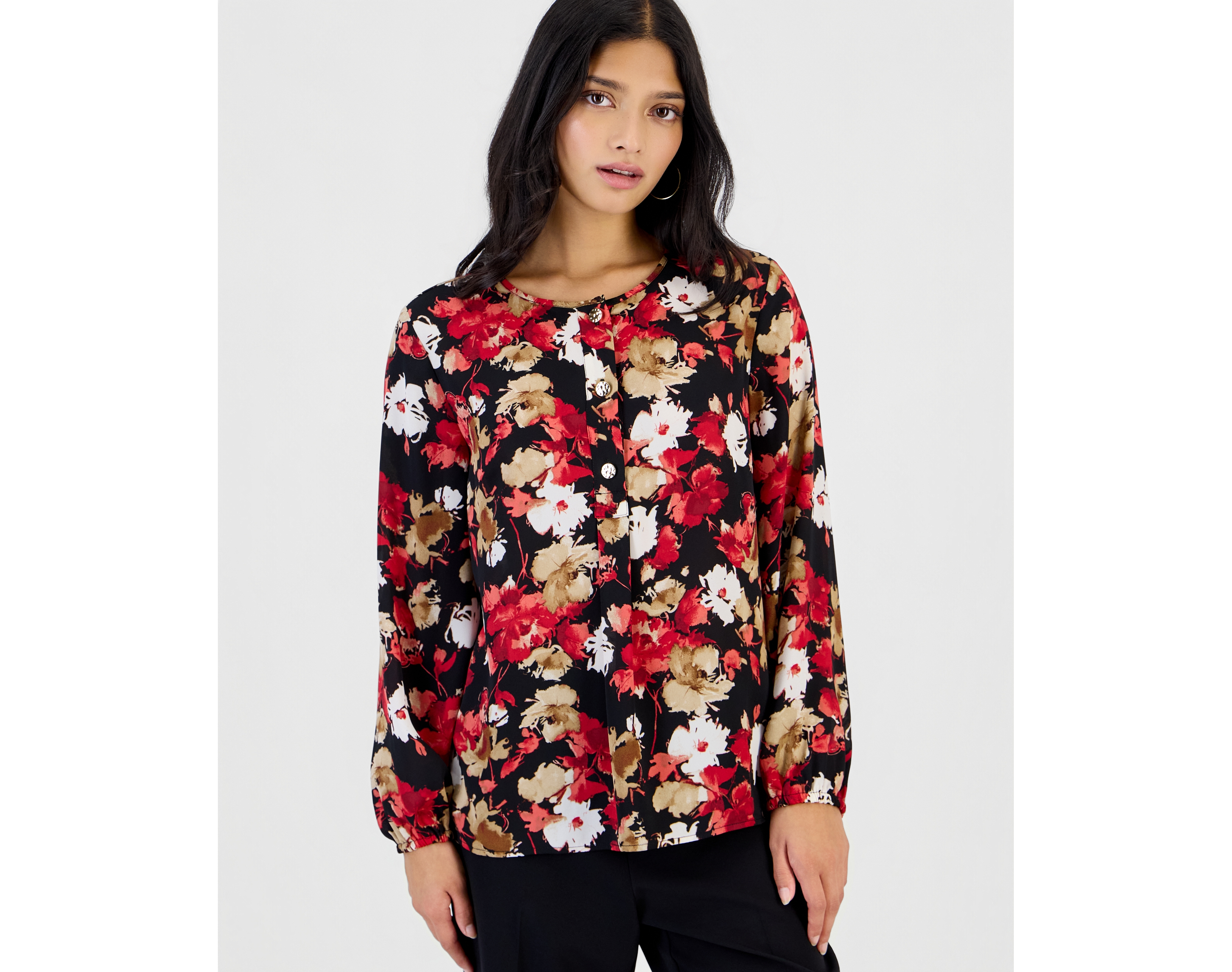Anne Klein Essentials Petite Long-Sleeve Floral-Print Crewneck Blouse