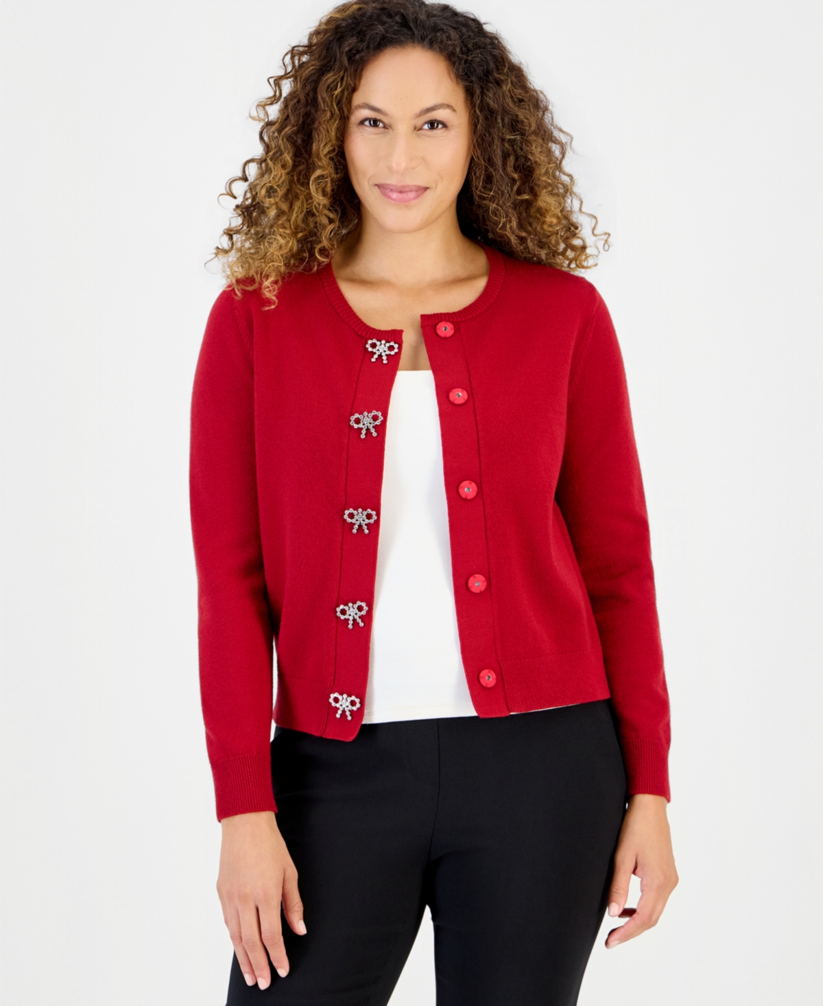 Anne Klein Essentials Petite Crewneck Embellished Bow Snaps Cardigan