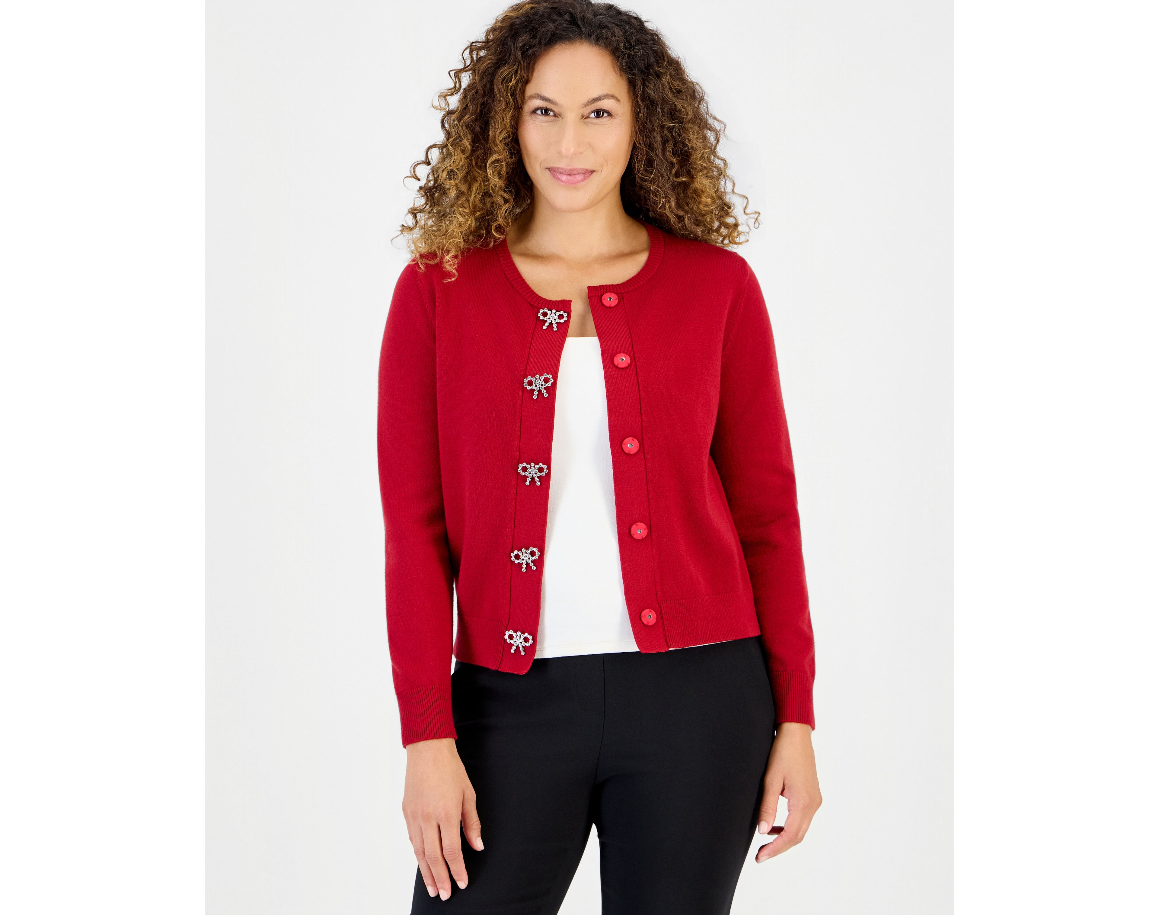 Anne Klein Essentials Petite Crewneck Embellished Bow Snaps Cardigan