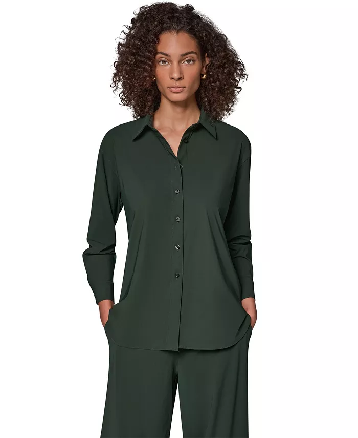 Women's Long-Sleeve Button-Front 4-Way Stretch-Knit Top