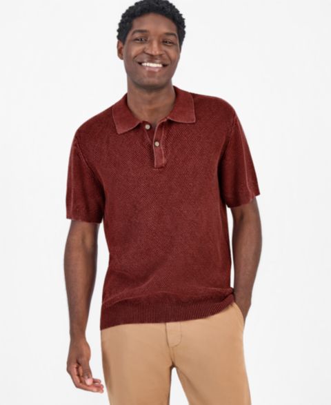 Мужской свитер Sun + Stone Short-Sleeve Textured Polo Sweater, цвет: Вишнёвый красное дерево