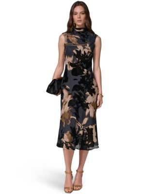 Women's Floral-Print Velvet Burnout A-Line Midi Dress