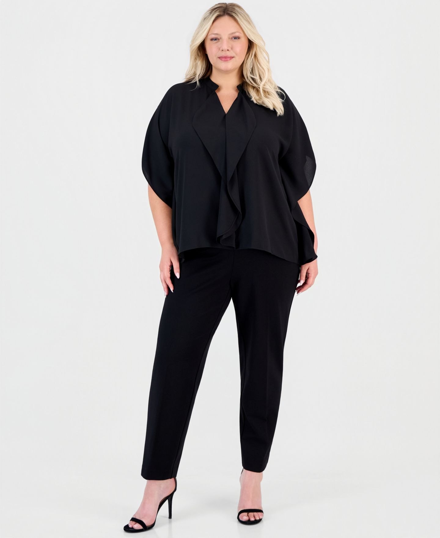 Женская блузка Anne Klein Plus Size Split-Neck Ruffle-Front Dolman-Sleeve Blouse, цвет: Чёрный — фото 2
