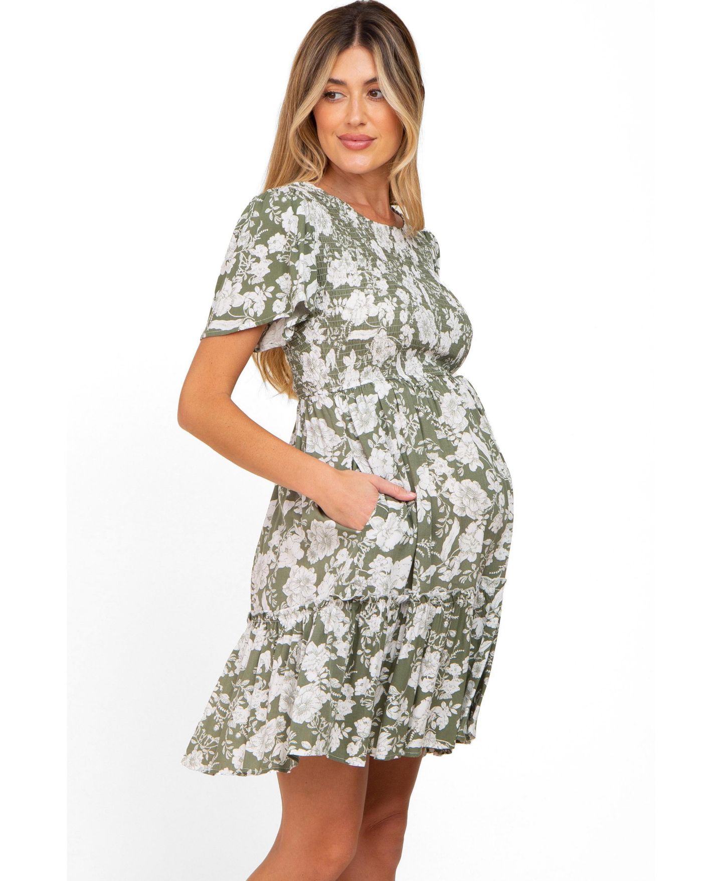 Женское платье Pinkblush Maternity Floral Smocked Ruffle, цвет: Светлый оливковый — фото 4