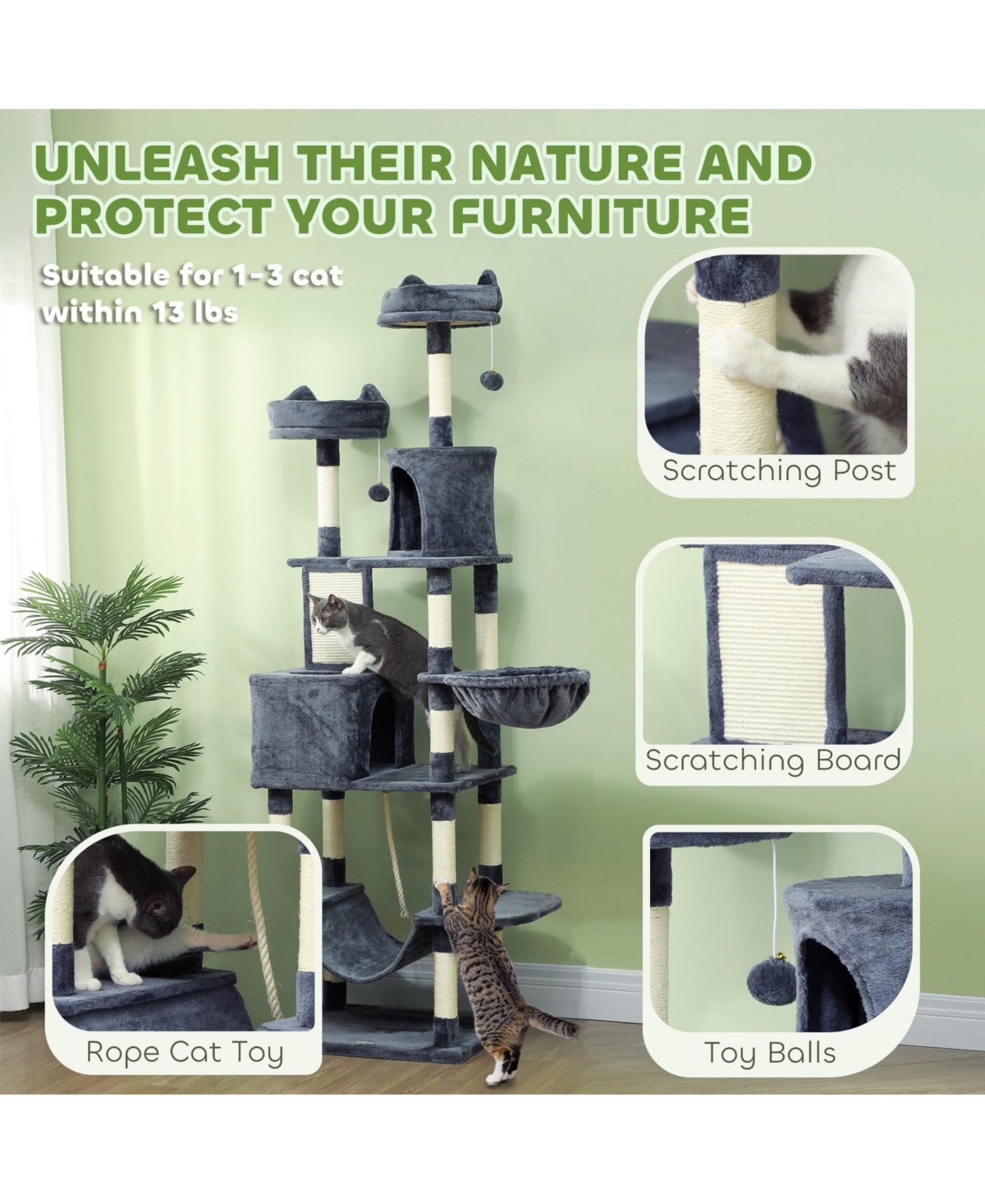Ruie 81 Inch Cat Tree Tower with Condos Beds Hammocks and Scratching Posts