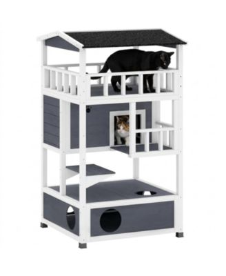 Wooden Outdoor Cat House Feral Shelter Condo with Asphalt Roof