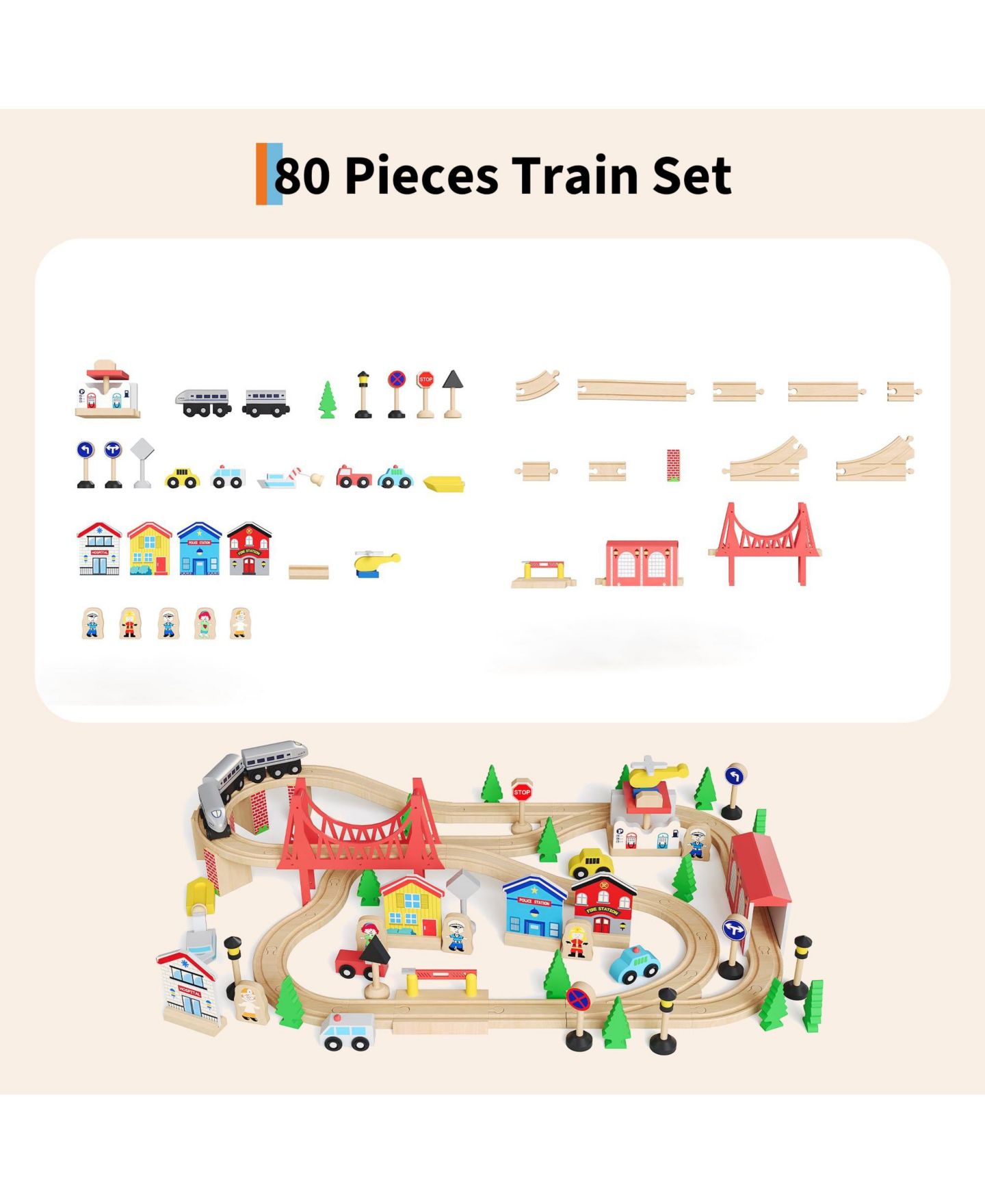 Детские игрушки homfan Train and City 2 in 1 Reversible 80-Piece Wooden Activity Table, Ages 3+ — фото 4